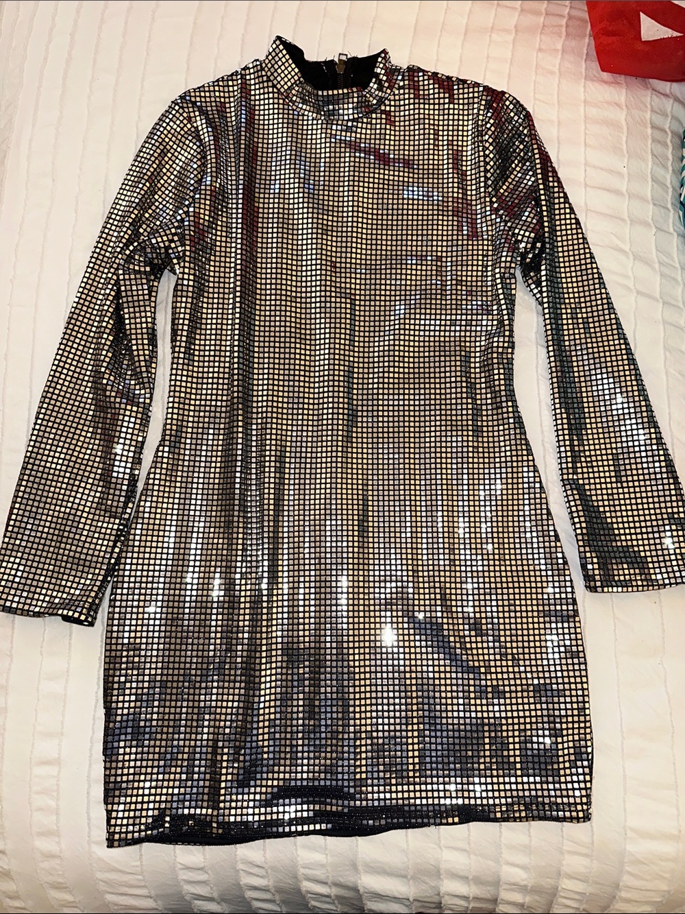 Popstar Silver Metallic Disco Ball Mirrorball  Long Sleeve Mockneck Mini Dress